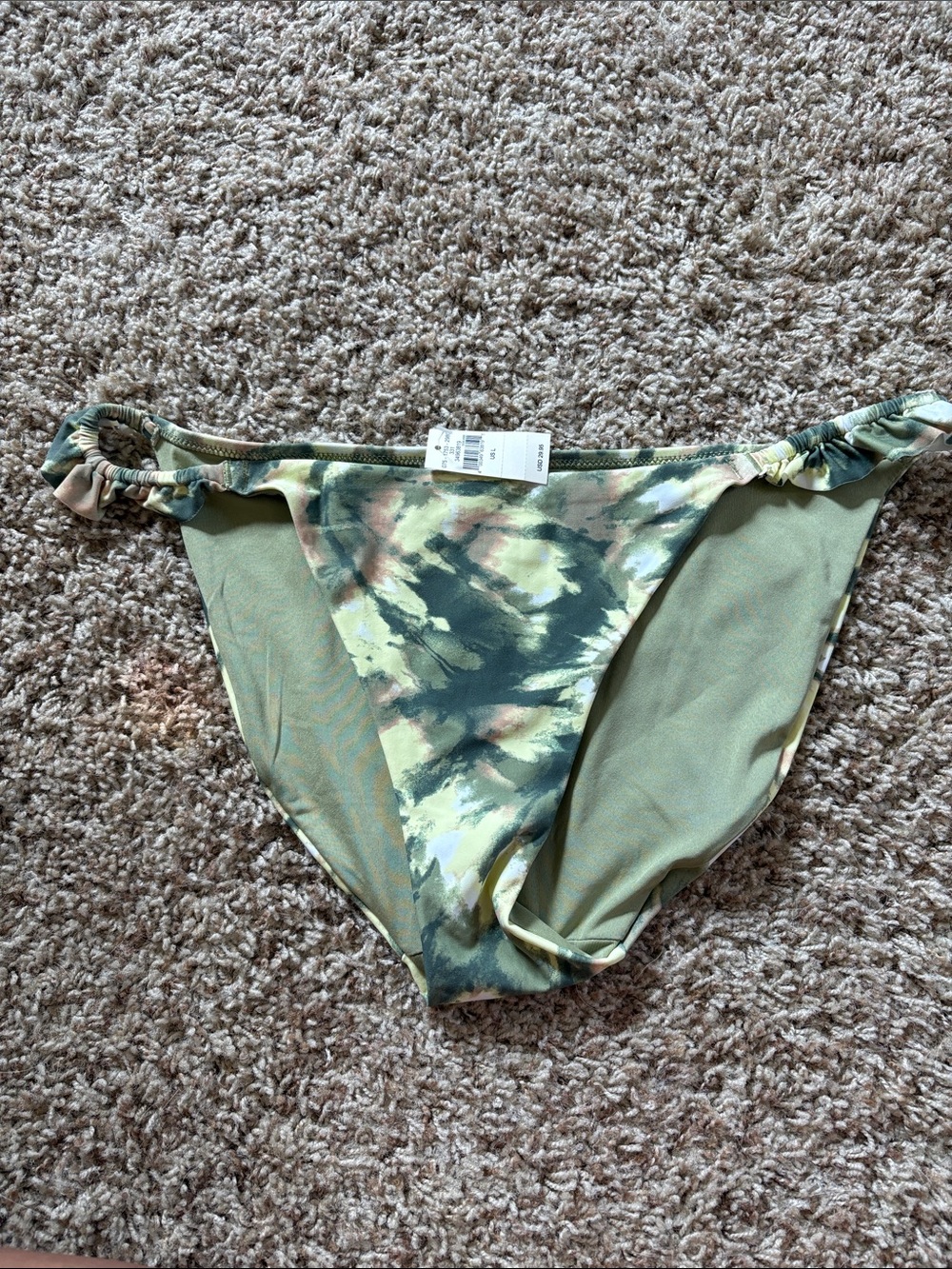 NWT Aerie size Large Women’s High Waist Ruffle Olive Green Tie-Dye Bikini Bottom